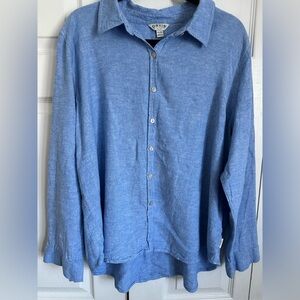 Orvis Button Up Blouse Womens Blue Linen Blend Roll Tab Sleeves Classic Size XXL
